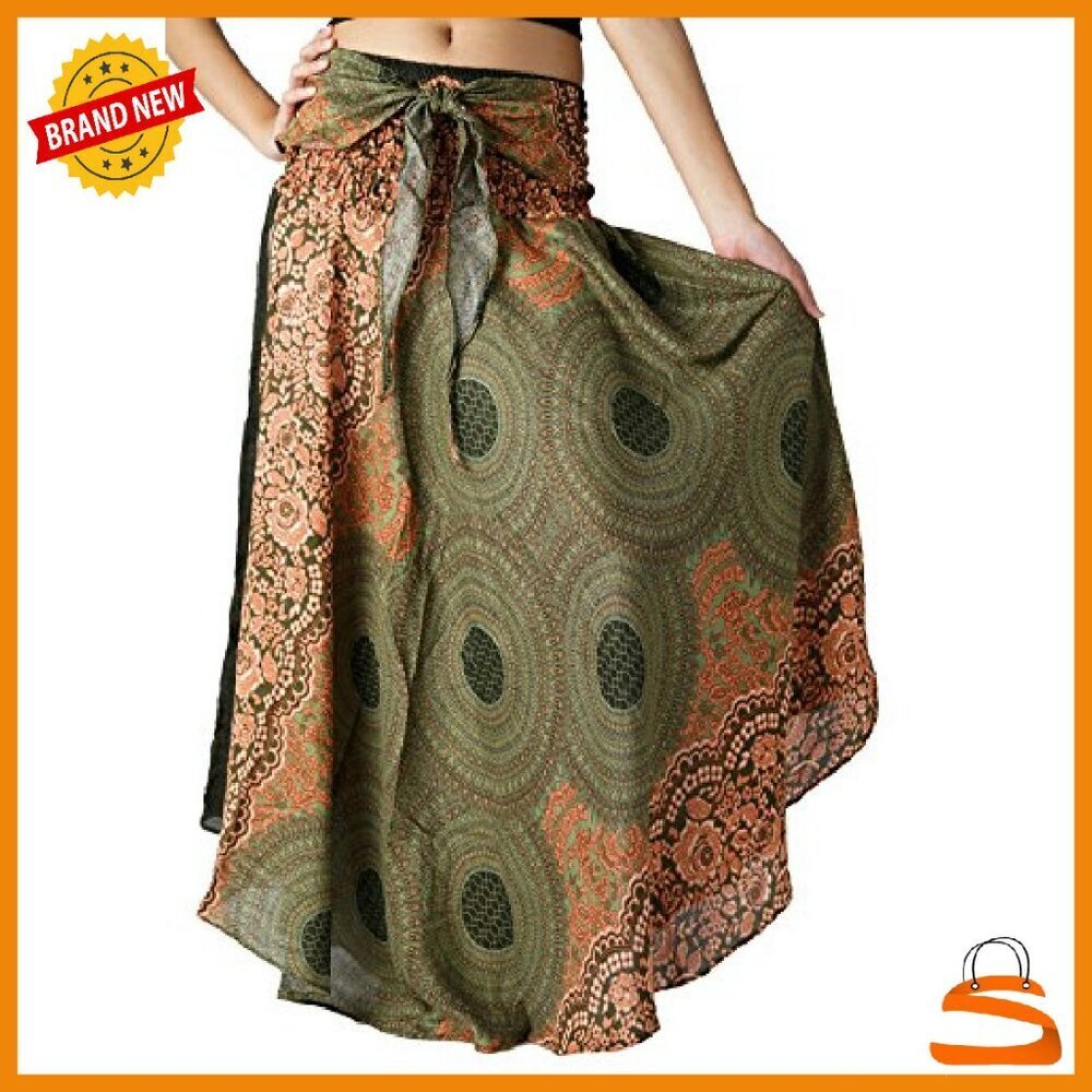 Maxi Skirt Boho Floral Print Rayon Elastic Waist Asymmetrical Hem - Picture 3 of 7